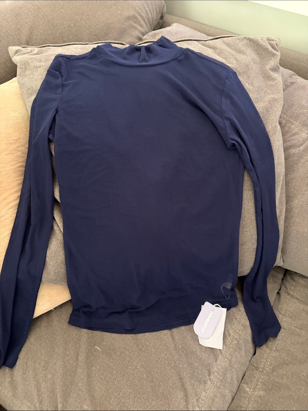 Sheer Navy Long-Sleeve Mock Neck Blouse